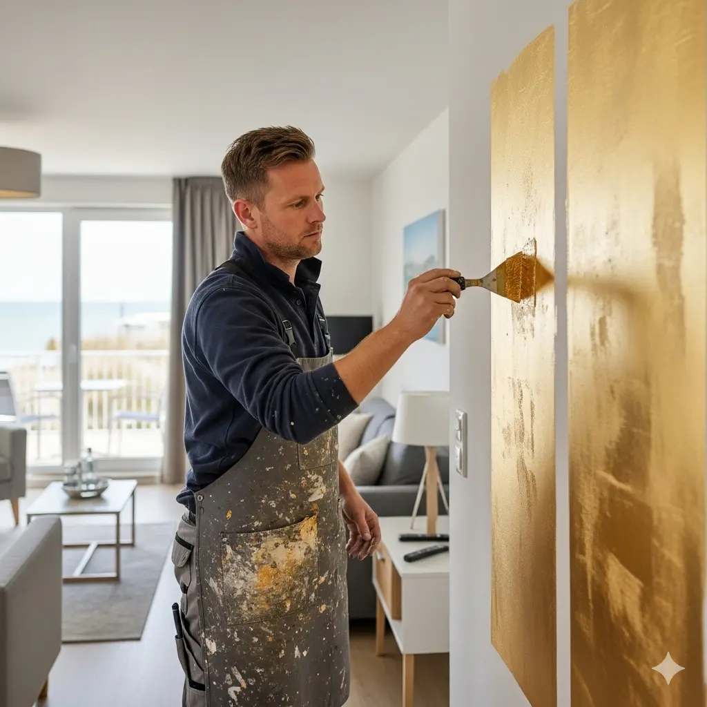 Mteallisch wirkende Effektspachtelung in einer Ferienwohnung