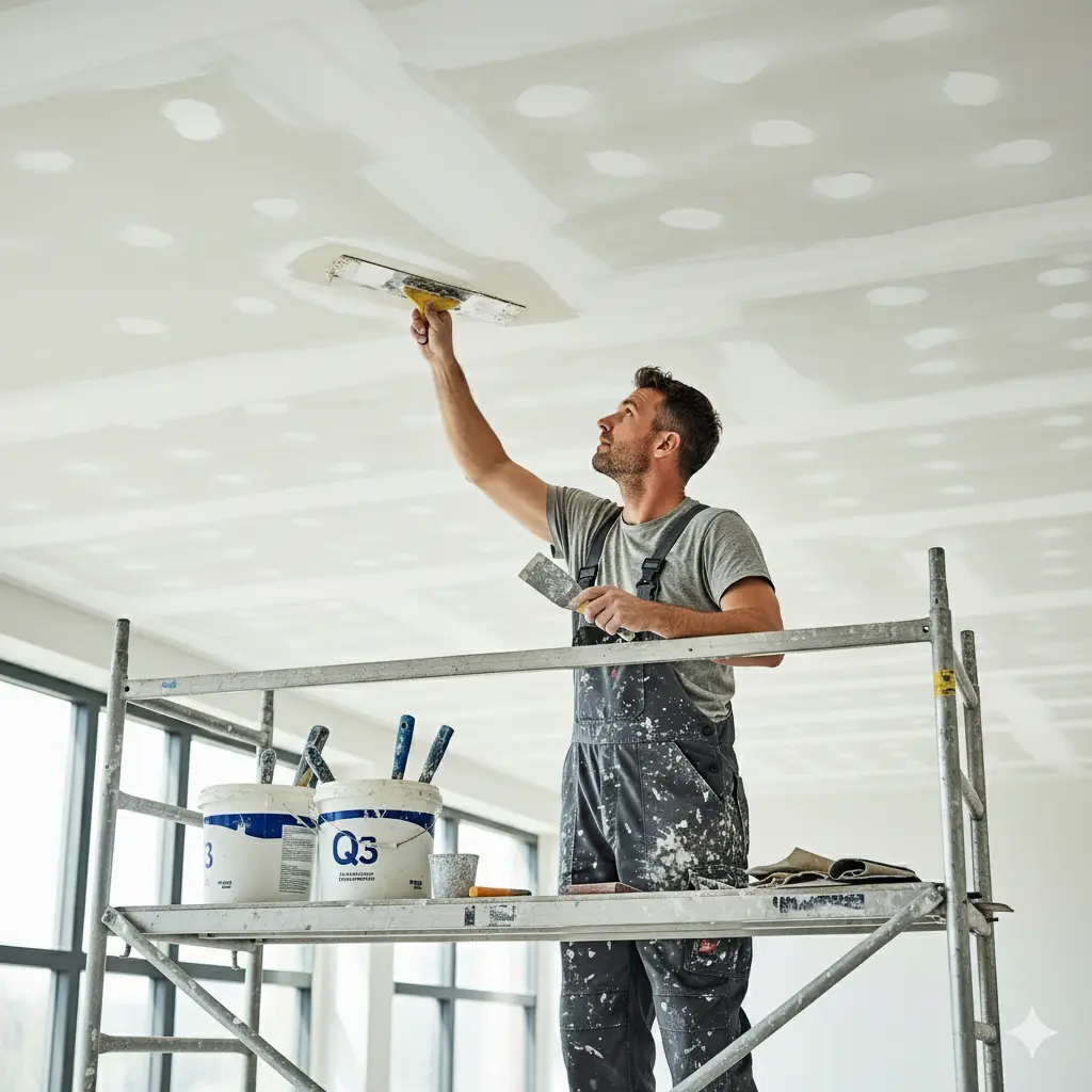 Spachteln einer Rostocker Trockenbaudecke in Q3